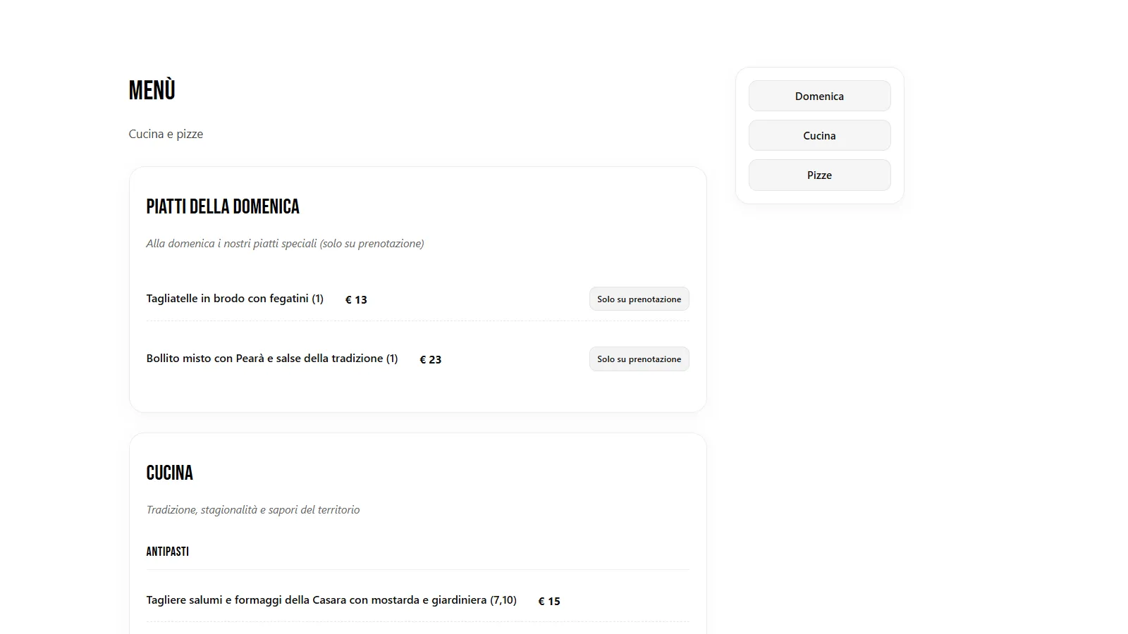 Screenshot sezione menu Soave Cucina e Pizza